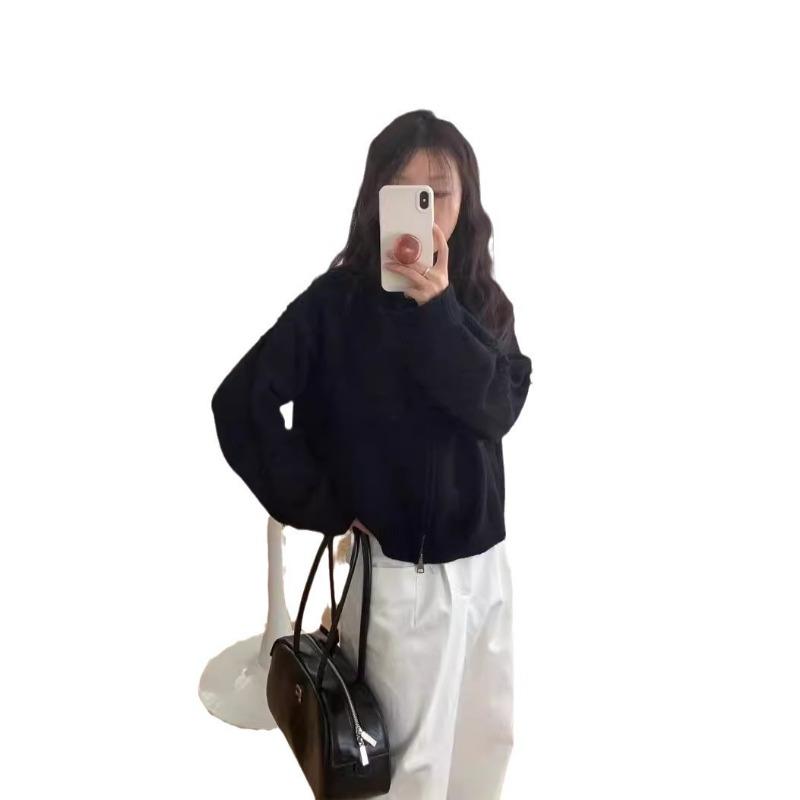 Real Shot Stand-up Collar Double Zipper Design Sense Solid Color Arm Fringe Long Sleeve Loose Lazy Wind Knitted Jacket Cardigan Women