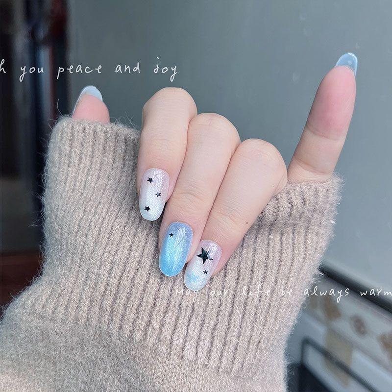 10pcs Short Round Blue White Glitter Cat Eye Press On Nails With Black Star Design Reusable Y2K False Nail Tips