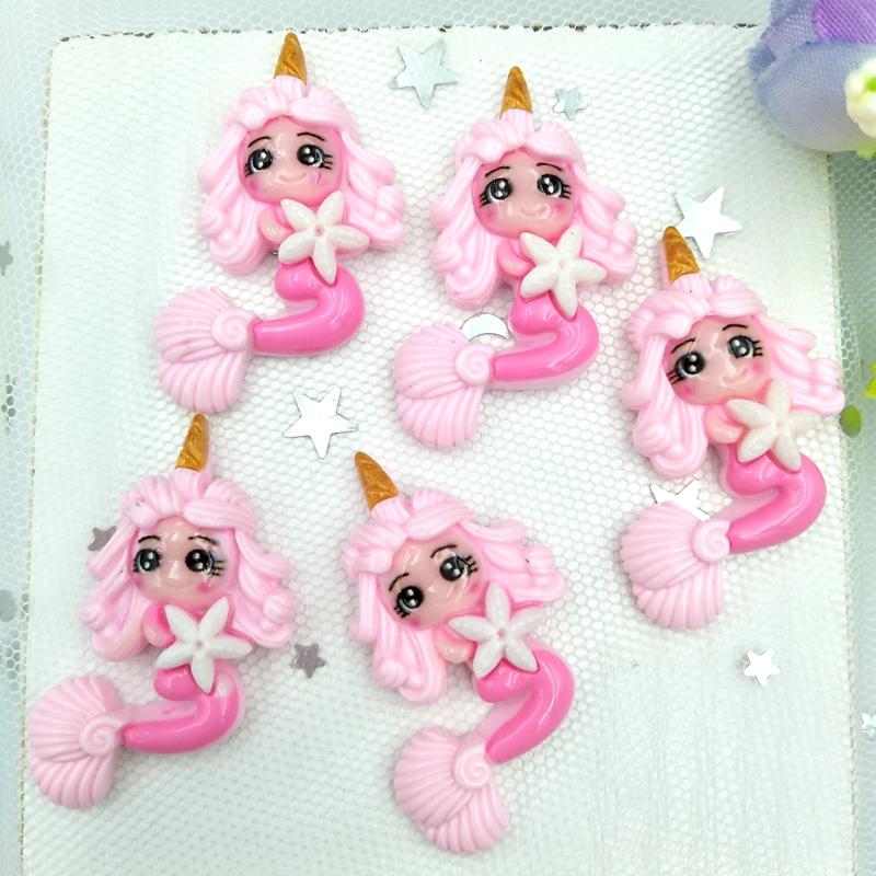 10Pcs/Lot New Kawaii Flatback Resin Unicorn Mermaid Princess Cabochons Accessories Simulated Polymer Clay Cartoon  Girls