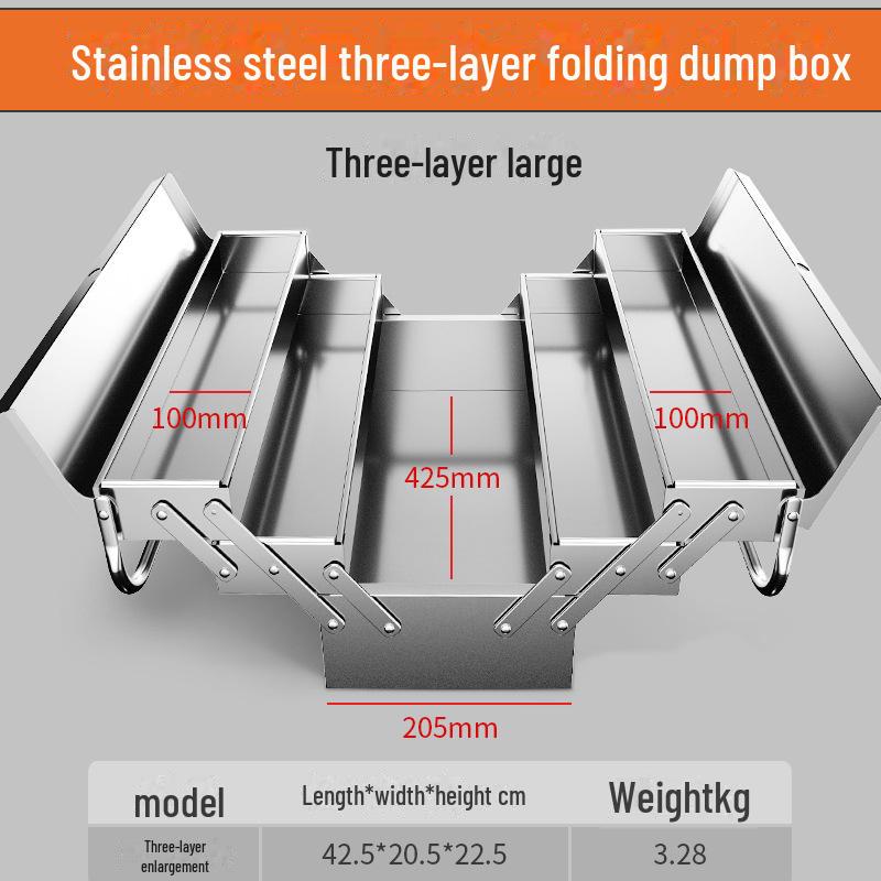 Forest Green Stainless Steel Three-Layer Folding Tool Box - Large, Portable, Industrial-grade Storage for Home and Car.