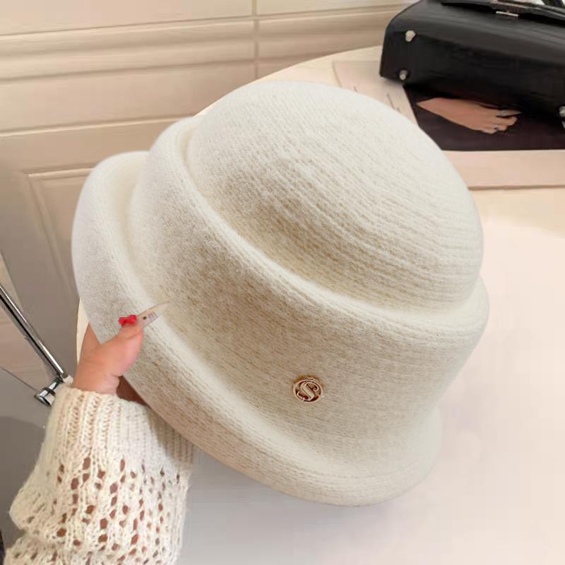 Chapeau Haut de Forme Noir Style Hepburn Français, Chapeau Pêcheur Haut de Gamme Automne Hiver, Petit Visage, Chapeau Bob Tricoté Chaud