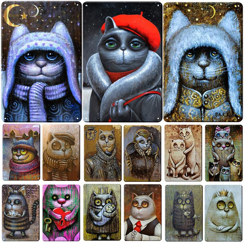 

Забавный мультяшный кот с большими глазами, металлическая табличка, винтажная жестяная вывеска, потертый железный плакат, паб, клуб, ресторан, украшение стены, украшение дома