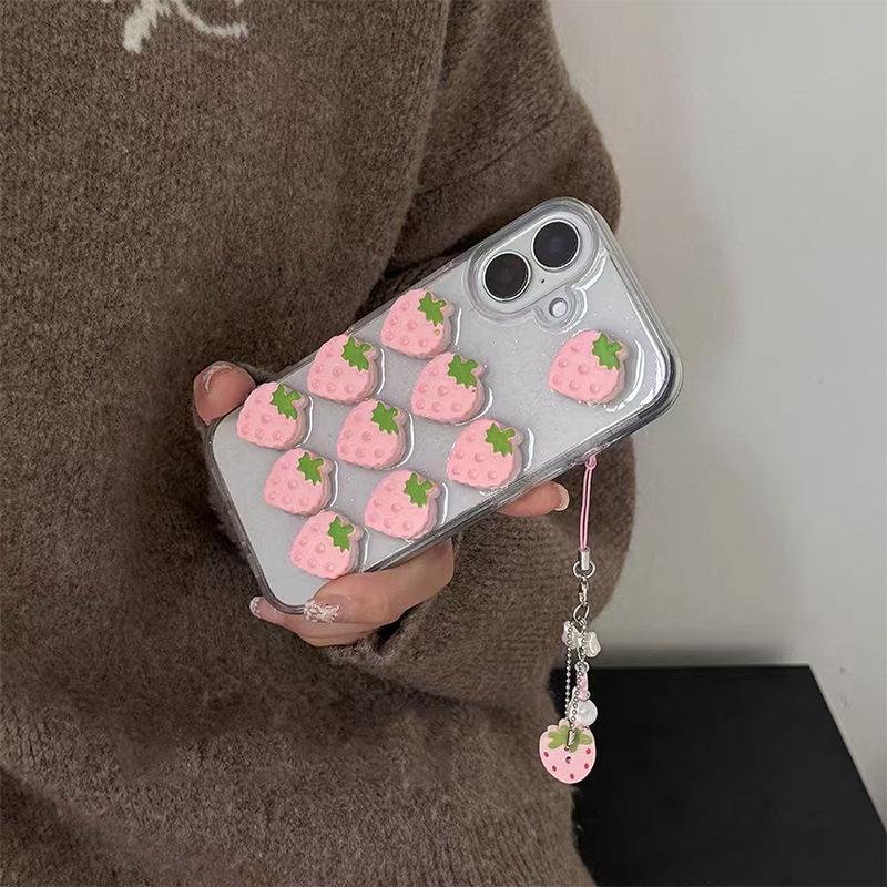 Three-Dimensional Strawberry Transparent Mobile Phone Case For Iphone15Promax Glitter Apple 16 Pink Girl Heart 17