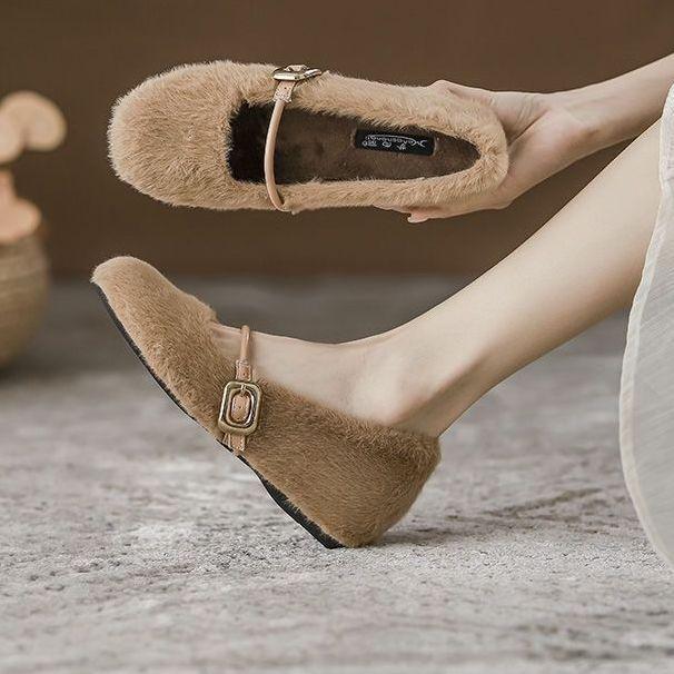 

Французские увеличивающие рост пушистые туфли одинарные туфли женские 2025 новые осень и зима нежные маленькие плюшевые теплые туфли-бини 40 хаки