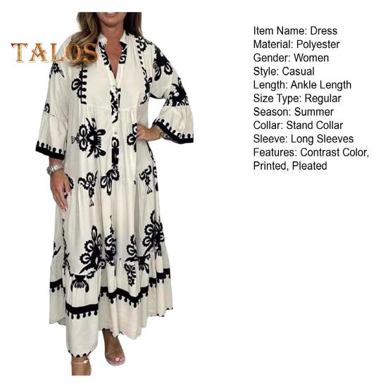 Fall Spring Dress Stand Collar Long Sleeves Color Matching Print Pleated Patchwork A-line Loose Hem Ankle Length Dating Daily Wear Maxi Dress