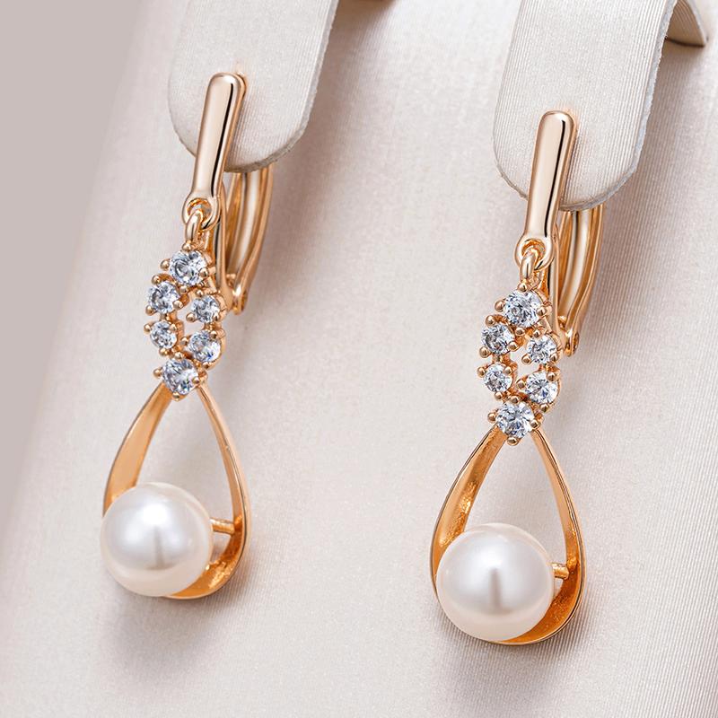 Luxury Unique Natural Zircon Pearl Long Drop Earrings For Women  Rose Gold Color Bridal Wedding Jewelry  New