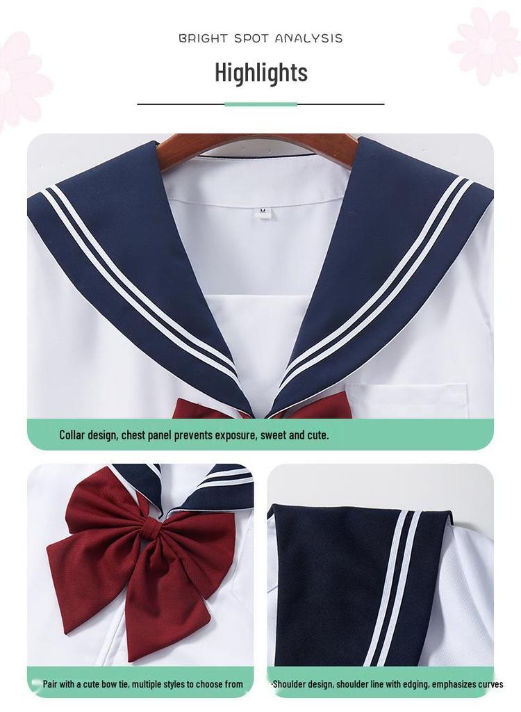 Navy Sailor Collar JK School Uniform - White, Two-Line Suit & Pleated Skirt