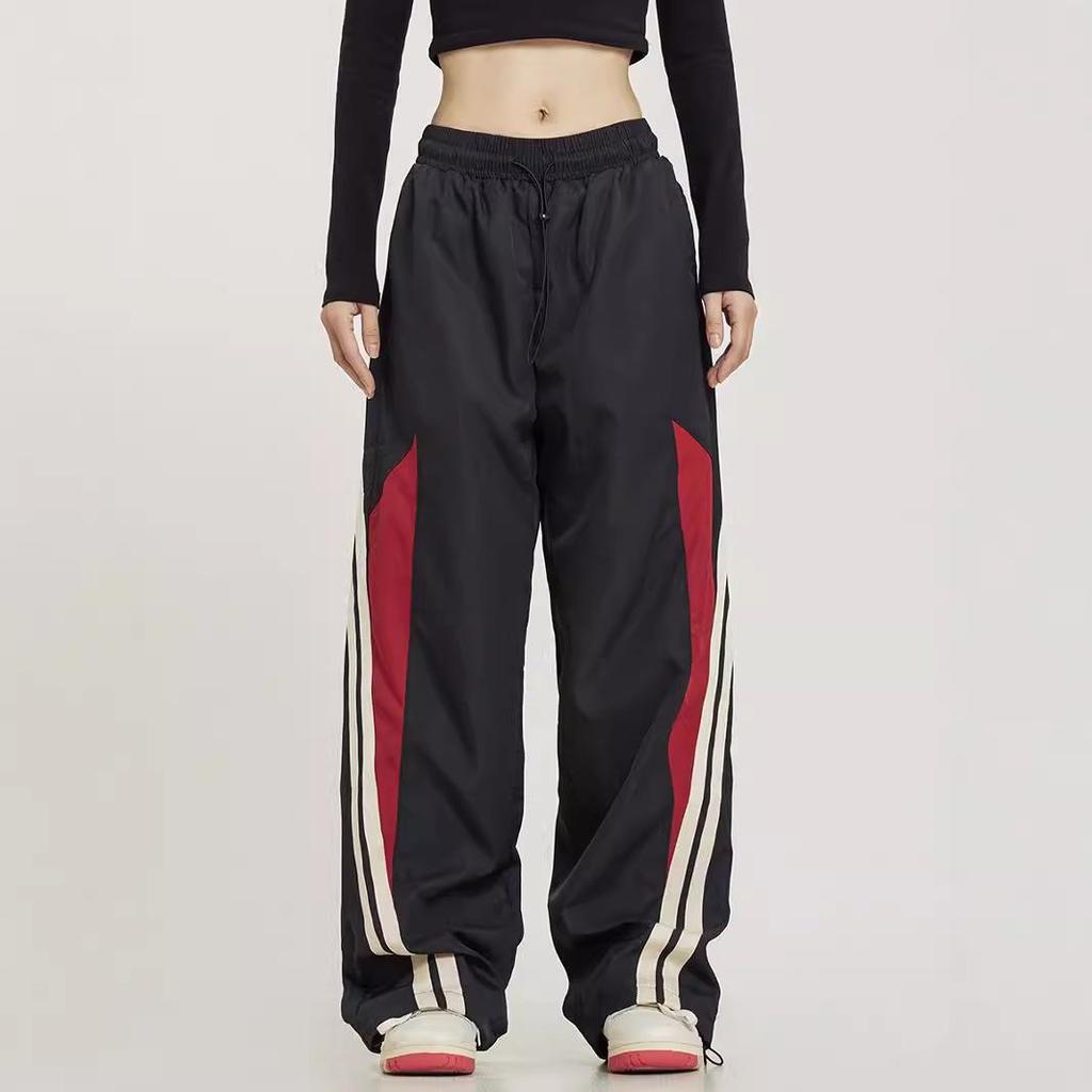Amerikanische Harajuku Retro Jogginghose - Elastischer Bund Patchwork Hohe Taille Weites Bein