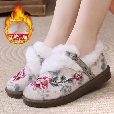 Winter Velvet Thickened Classical Embroidered Cotton Shoes Versatile Comfortable Non-slip Cotton Shoes Medium Embroidered Shoes