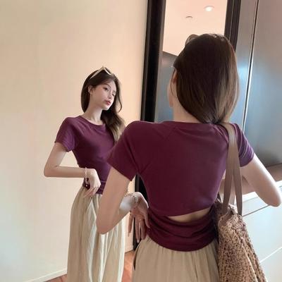 Purple Pure and Sexy Short-sleeved T-shirt for Women's Design, Backless Slim and Slim Shoulder Top, Summer New Style