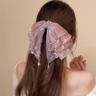 1PC Beautiful Pink Hair Clips for Women Aesthetic Floral Bow with Crystal Chain Decorative Hair Clips