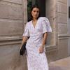 Summer New Women's V-neck Structured Shoulder High Waist Long Floral Print Short Sleeve Dress, European & American Style