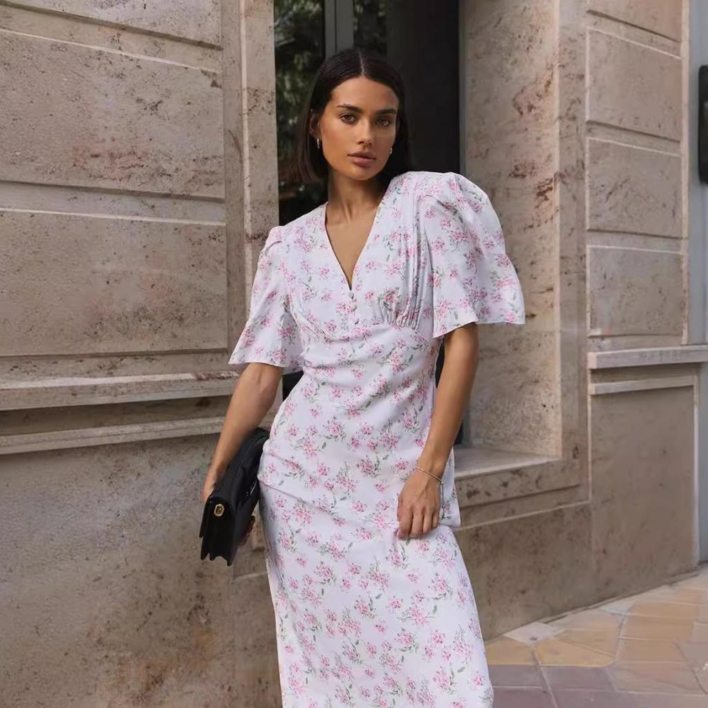 Summer New Women's V-neck Structured Shoulder High Waist Long Floral Print Short Sleeve Dress, European & American Style