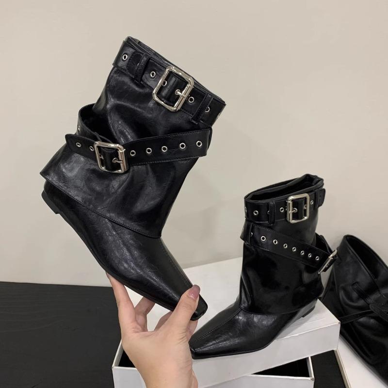 

Belt Buckle Sleeve Low Heel Boots 2026 Fashion Pointed Toe Rivet Soft Sole Anti-Slip Wear-Resistant Booties 35 чёрный