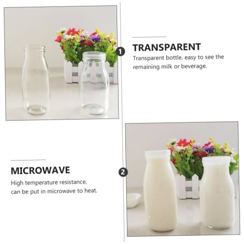 BESTonZON 6-Piece Heat-Resistant Milk Bottles, 250ml, Glass Milk Jug, Glass Pudding Jar, Pitcher, Vintage Milk Bottles with Caps, Drinking Bottles, Te