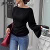 JPNTKY Women's Fashion Casual Solid Color Print Long Sleeve O-Neck Blouses & Shirts