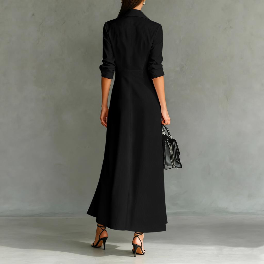 Women's Fashionable Color Lapel Long Sleeved Hem Slit Casual Shirt Dress