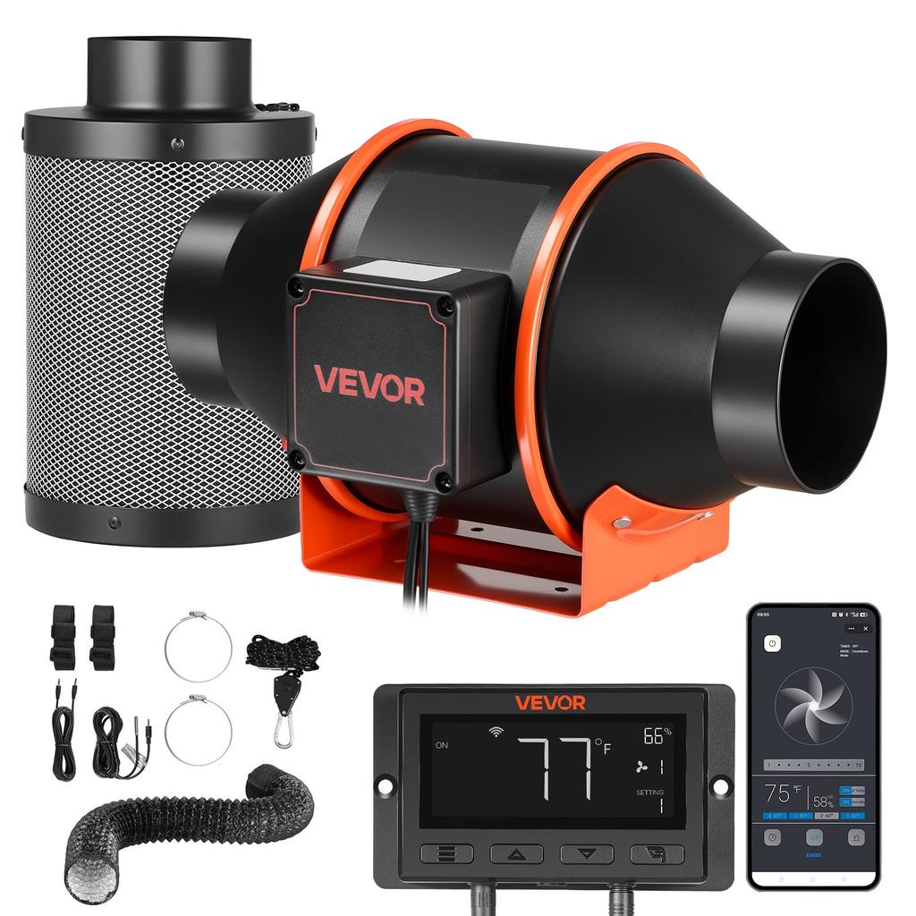 VEVOR Inline Duct Fan Kit Carbon Filter, 349 M³/h 101.6 Mm EC Motor Exhaust Ventilation Fan with 10-Speed, PWM Controller, App Control, Timer