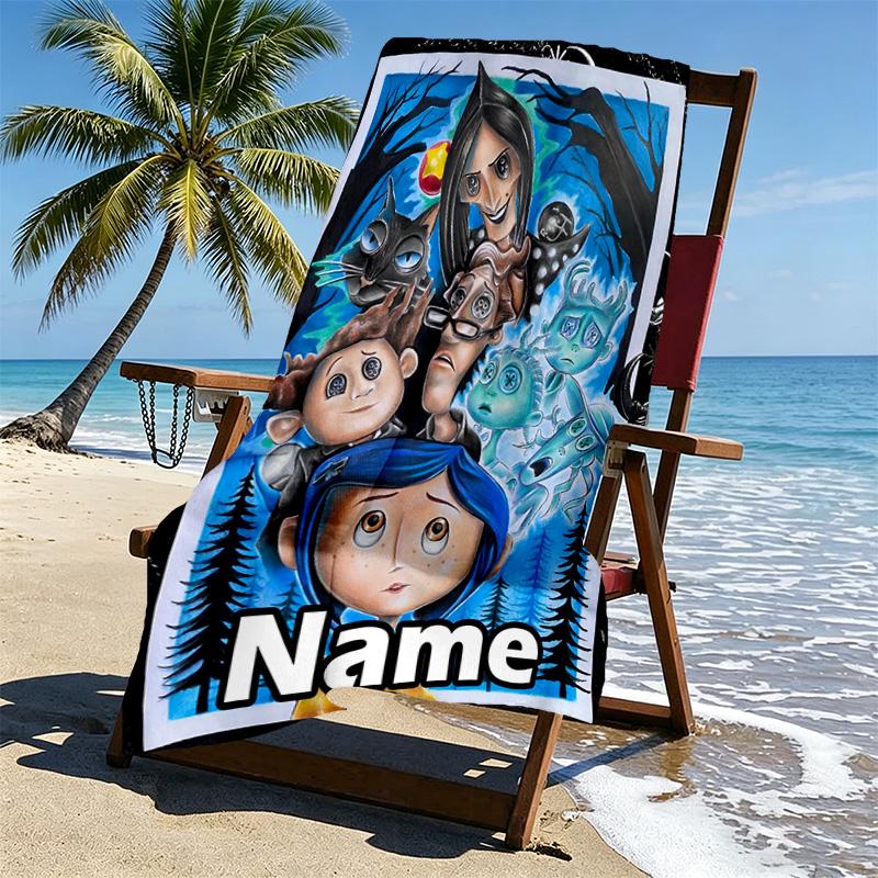 Custom Name Personalized Coraline Print Beach Towel, for Trip Camping Beach Party Home Decor, Birthday Gift for Family & Friends