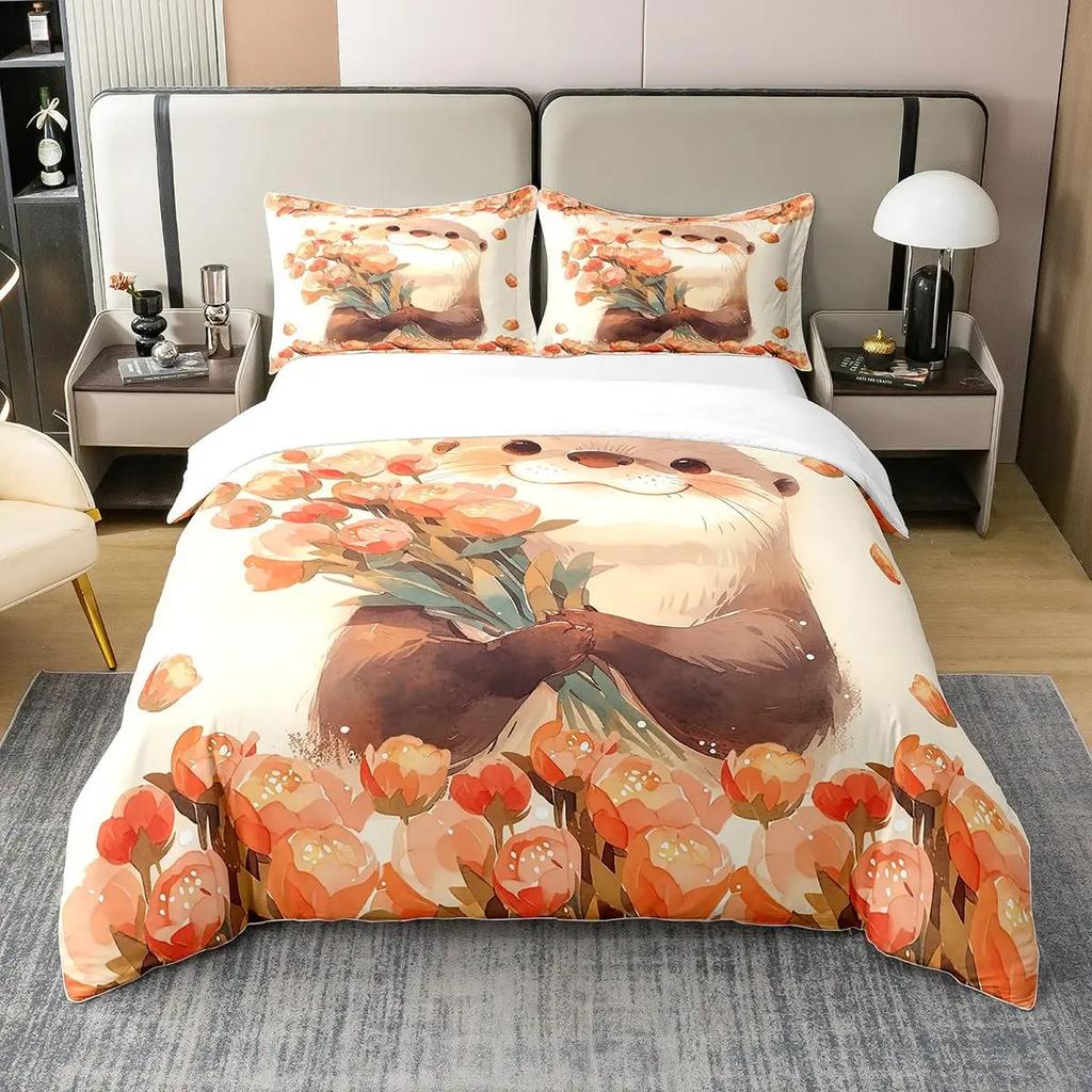 Cute Cartoon Animal Print Comforter Cover Sets Sea Otter Duvet Cover Set Ocean Creature Otter Toddler Soft Polyester Bedding Set