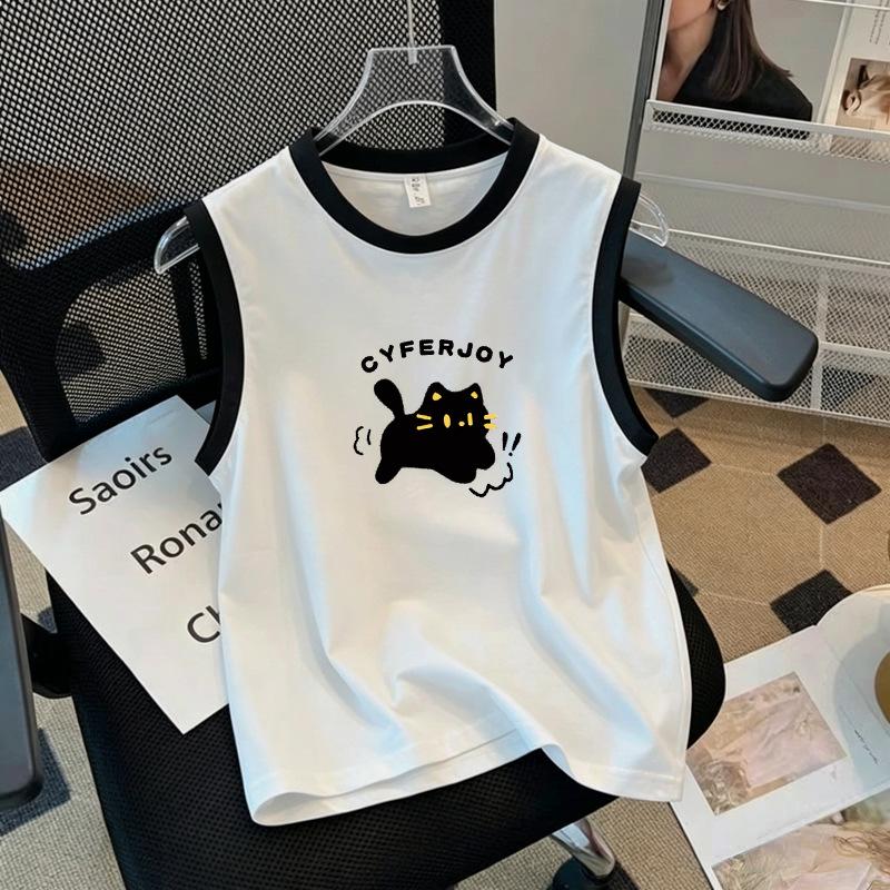Girls' Korean Style Fashionable Color Block Cotton Vest T-shirt - Summer Sleeveless Top for Middle & Older Kids, Casual Round Neck Trendy Design