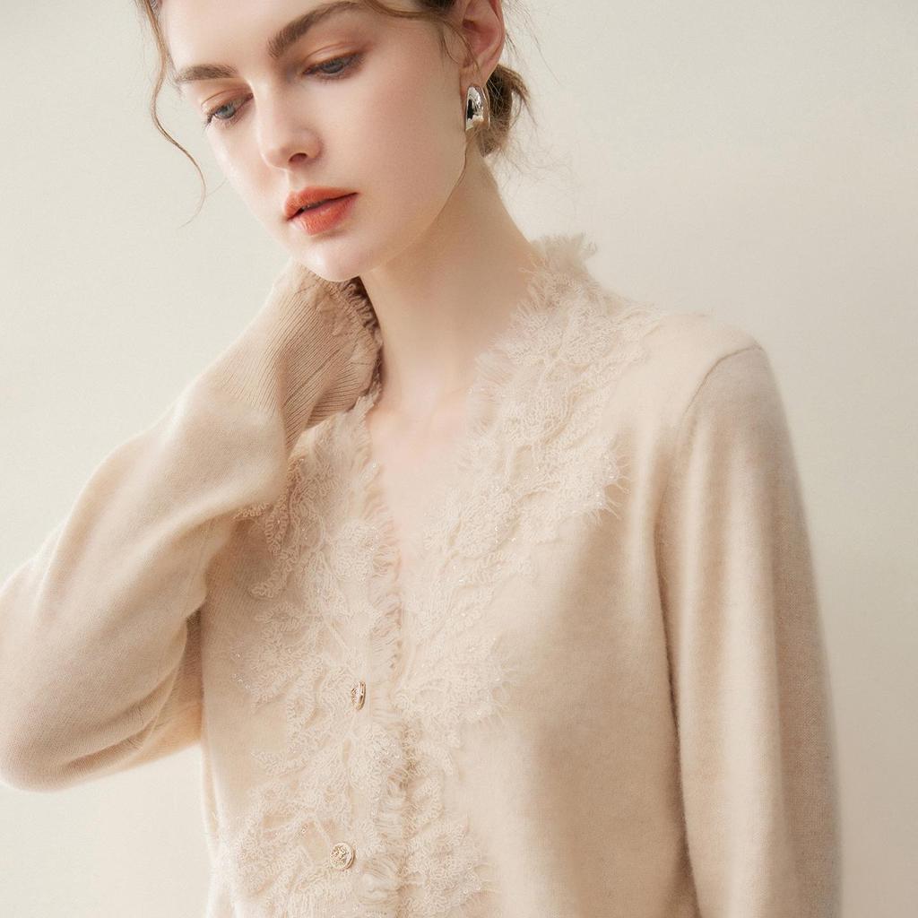 100% Pure Cashmere Women's V-Neck Tassel Lace Knit Cardigan, 2026 Autumn/Winter Slim-Fit Outerwear