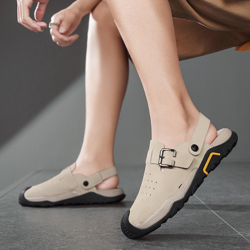 Lightweight Flats Beach Walking Sandal Men Leather Thick Soled Soft Sole Casual Sandals Breathable Comfortable Dual-use Slippers