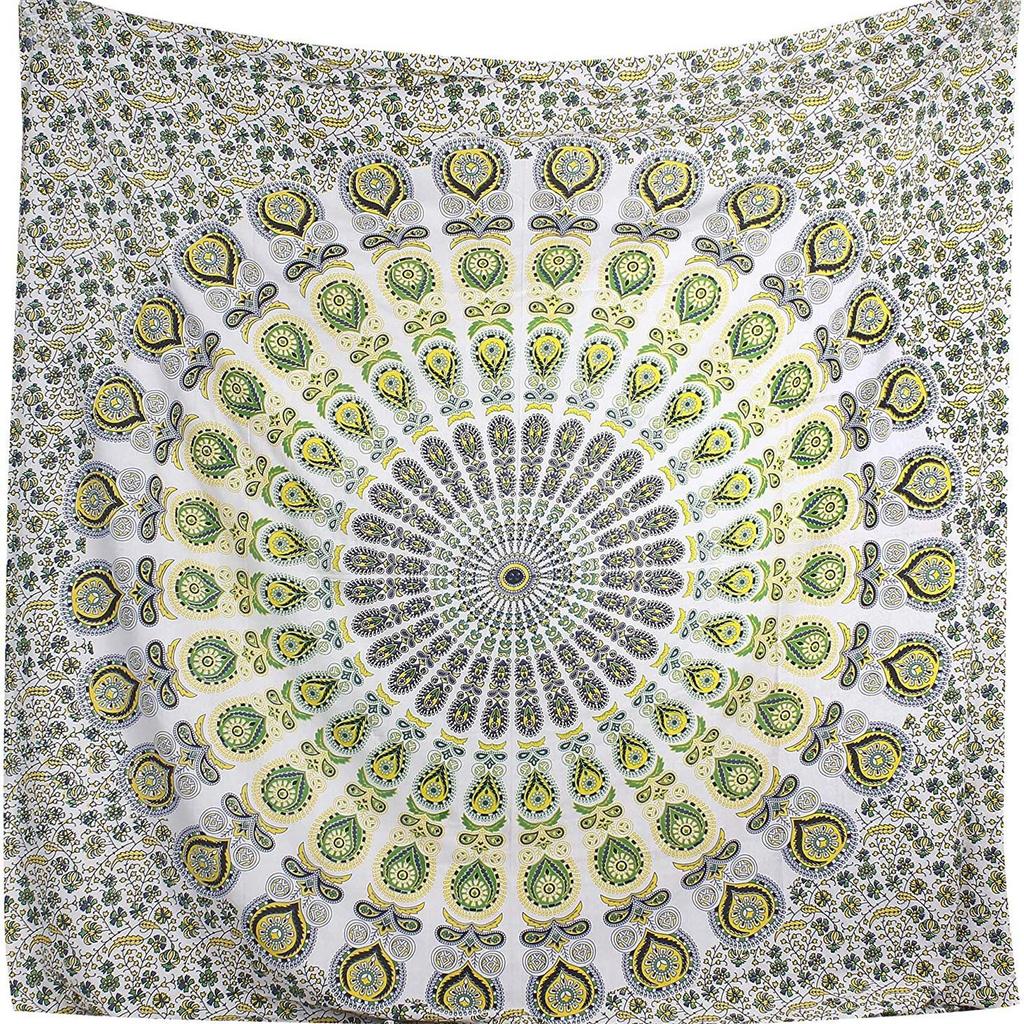Golden Indian Bohemian Peacock Mandala Tapestry Wall Hanging