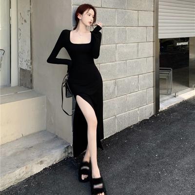 High Split O Neck Long Sleeve Black Dress Women Chic Slim Mid Length