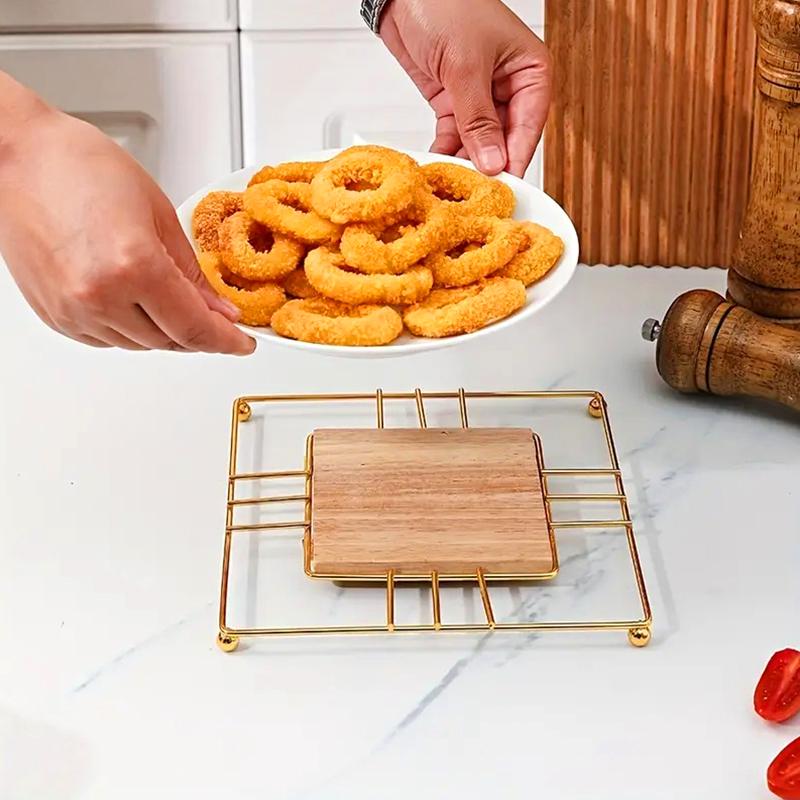 1pc Heat-Resistant Multipurpose Pan Pot Mat Creative Iron Placemat Non-Slip Kitchen Tools Dining Mats with Wooden Base