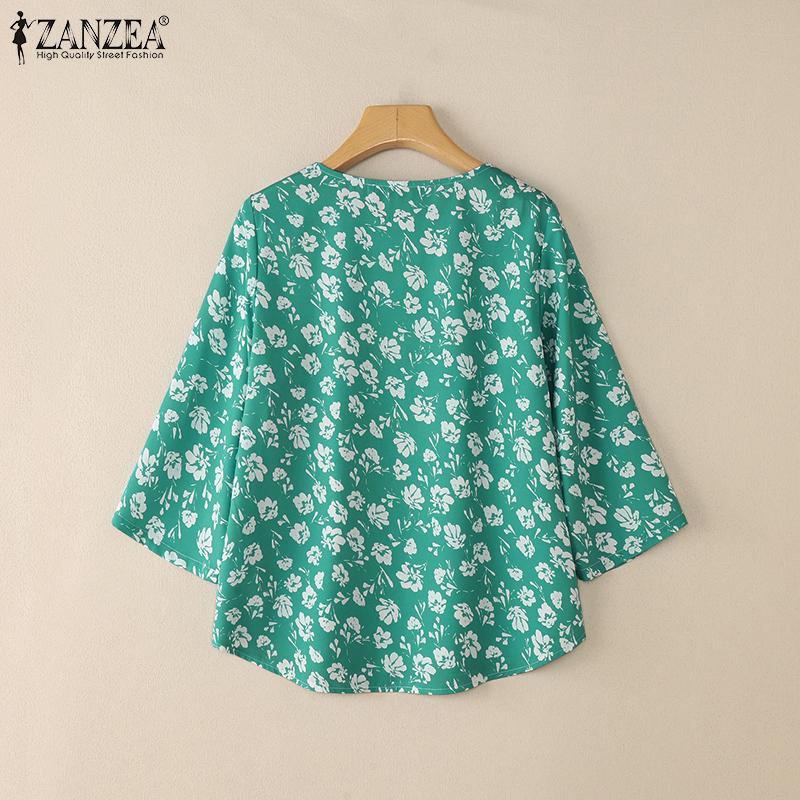 ZANZEA Women Casual Round Neck 3/4 Sleeve Loose Print Blouse