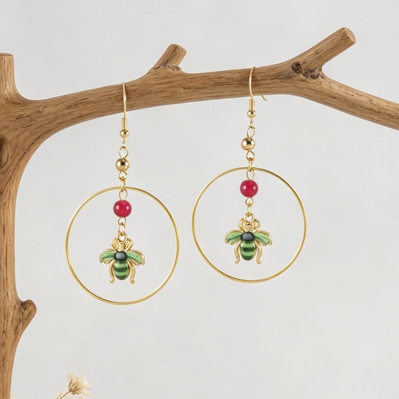 Rust-proof Gold Plated Hoop Dangle Earrings Enamel Bee Charm Red Bead Accent for Women Casual Daily Wear Gift