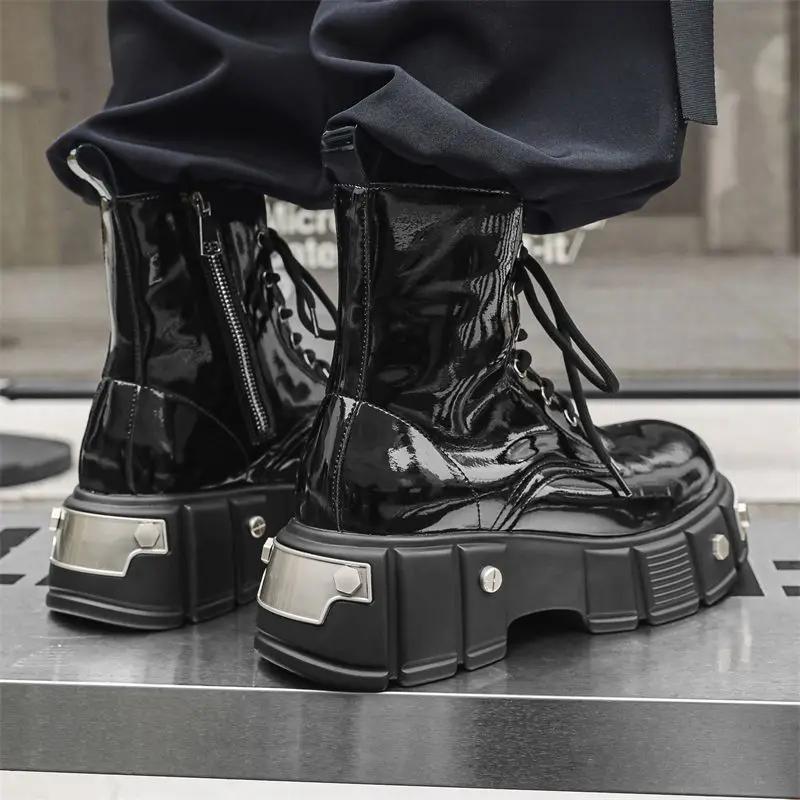 Men's High Top Boots Punk Style Metal Rivet Patent Leather Platform Boots Designer Shoes Mens Motorcycle Boots Botas Para Hombre