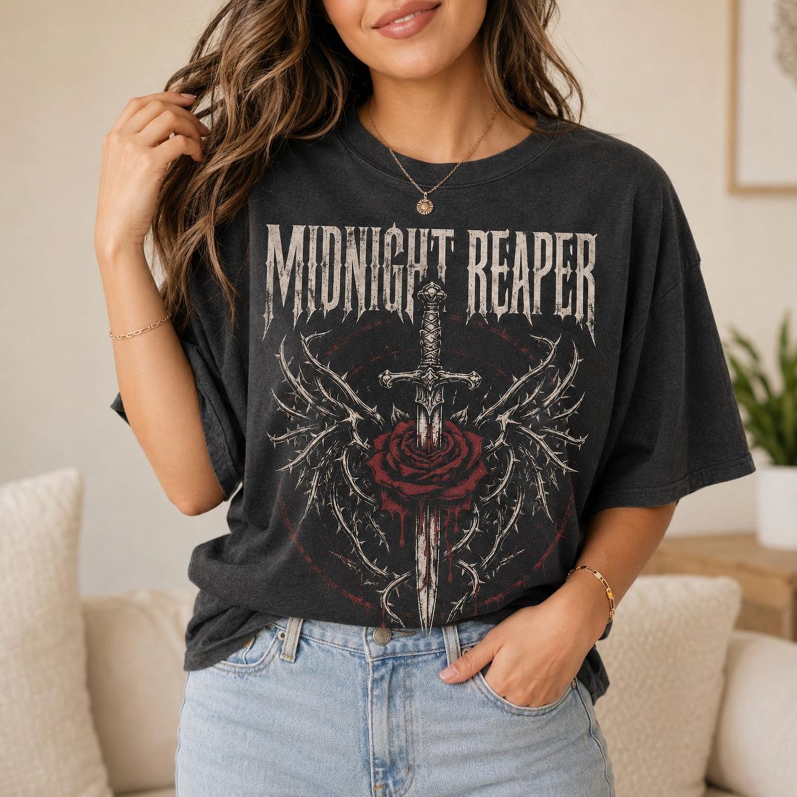 Midnight Reaper Sword Rose Graphic T-Shirt, Dark Metal Gothic Streetwear M