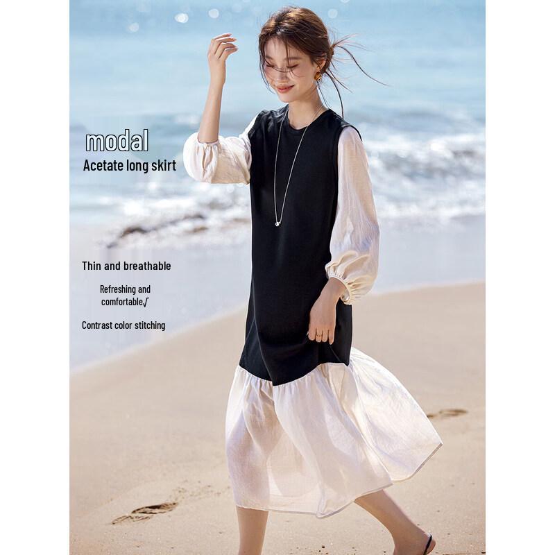 Women s Faux Two-Piece Color Block Puff Sleeve Midi Dress S