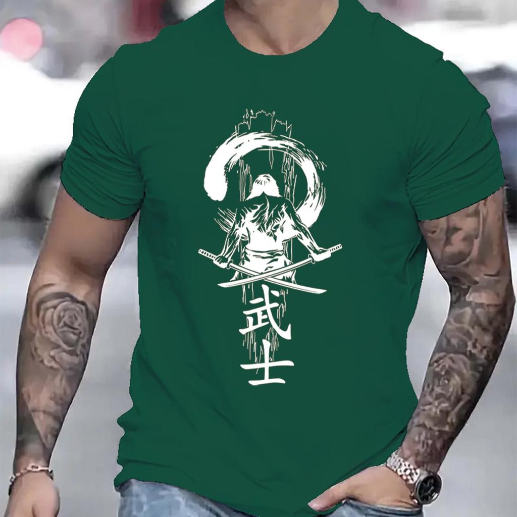 Samurai Warrior Print Mens Cotton Graphic Tee Breathable Casual Short Sleeve TShirt