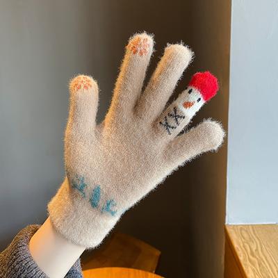 Women's Winter Knitted Touchscreen Gloves: Adorable Snowman Design, Thickened for Warmth, Five-Fingered, Windproof and Cold-Resistant Cycling Gloves
