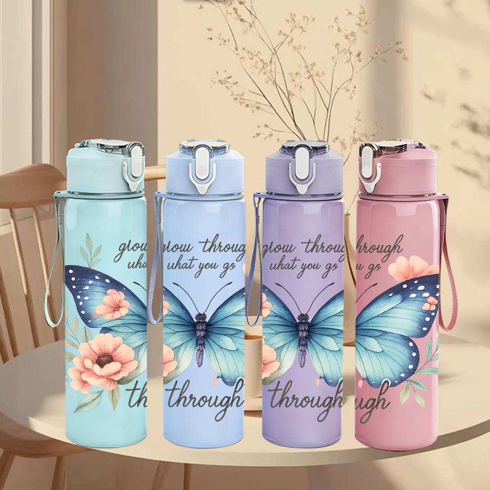 1PC Butterfly Gratitude Quote 750ml Color Plastic Sports Water Bottle Leakproof Flip Straw Lid Suitable for Sports Office Home Use