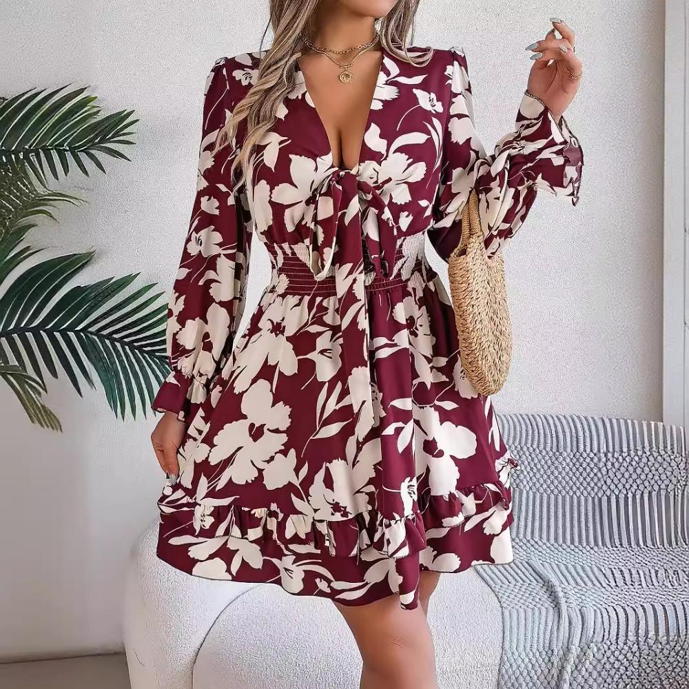 Women's Casual Floral Long Sleeve Wooden Earring A-line Dress Sexy Women's Floral Dresses
