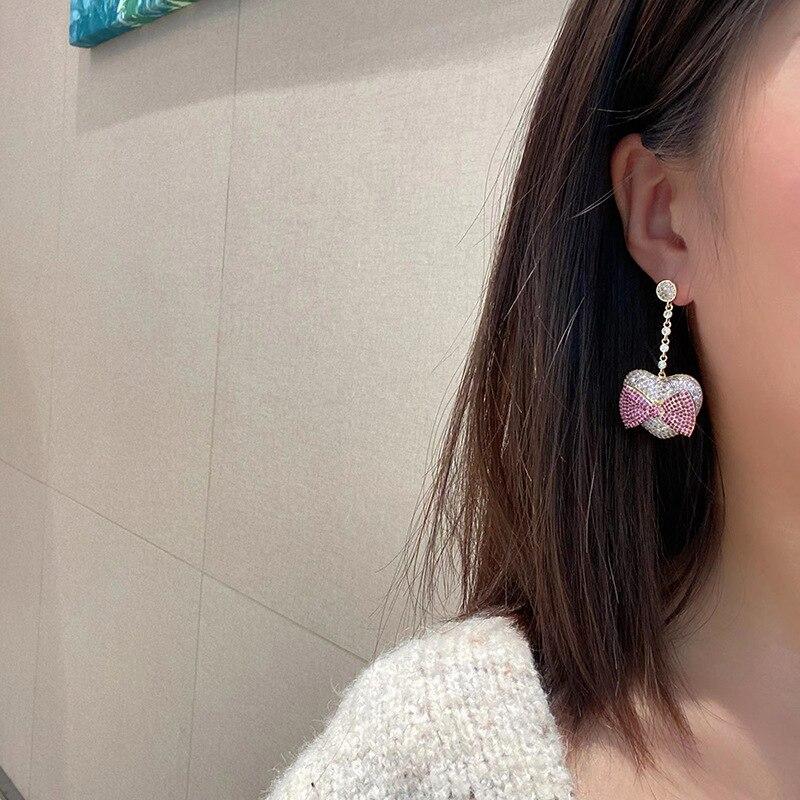 Korean Popular Women's Earrings Bow Love Pink Girly Earrings Micro-set Cubic Zirconia Long Shiny Dangle Earrings Wholesale