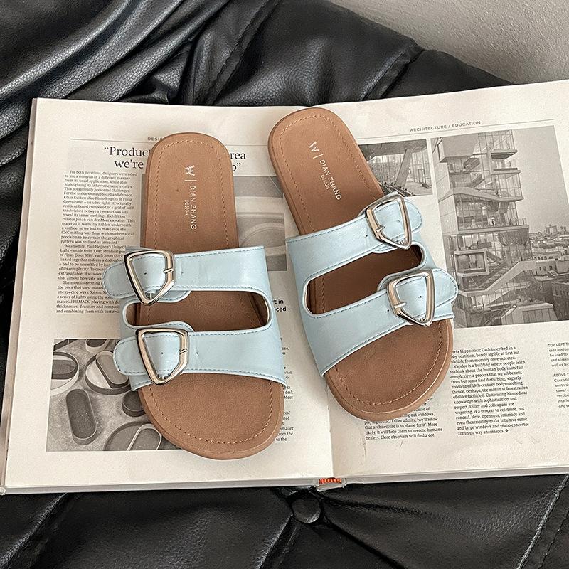 Flat-bottomed slippers women's summer fashion belt buckle soft bottom versatile word lazy pedal beach cool slippers