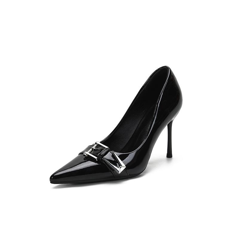 Black stiletto high heels spring new metal buckle pointed patent leather sexy single shoes women's fashion versatile