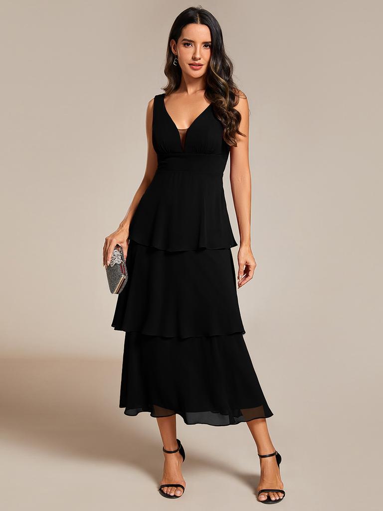 Ever-Pretty Damen Abendkleid mit Stufensaum, Midilänge, Hochzeitsgästekleid, V-Ausschnitt, ärmellos, A-Linie, Chiffon