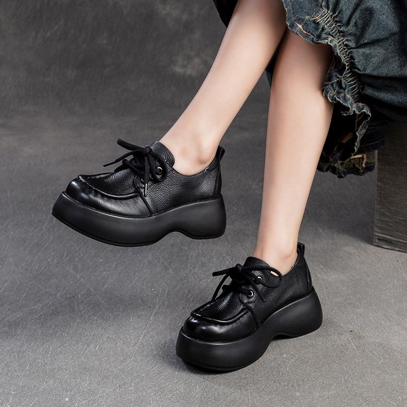 Fashion GKTINOO 2024 Autumn New Genuine Leather Solid Color Casual Thick Sole Shoes Lace Up Versatile Women's Flat Platform Shoes