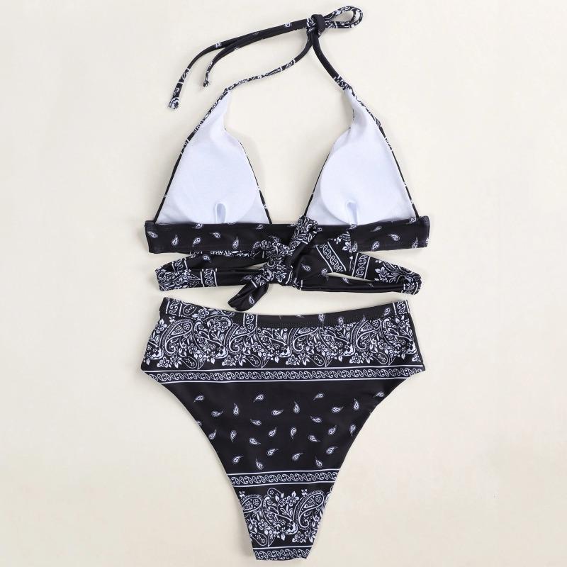 Women's Bandana Paisley Print High Waist Bikini Set, Halter Two Piece Swimsuit