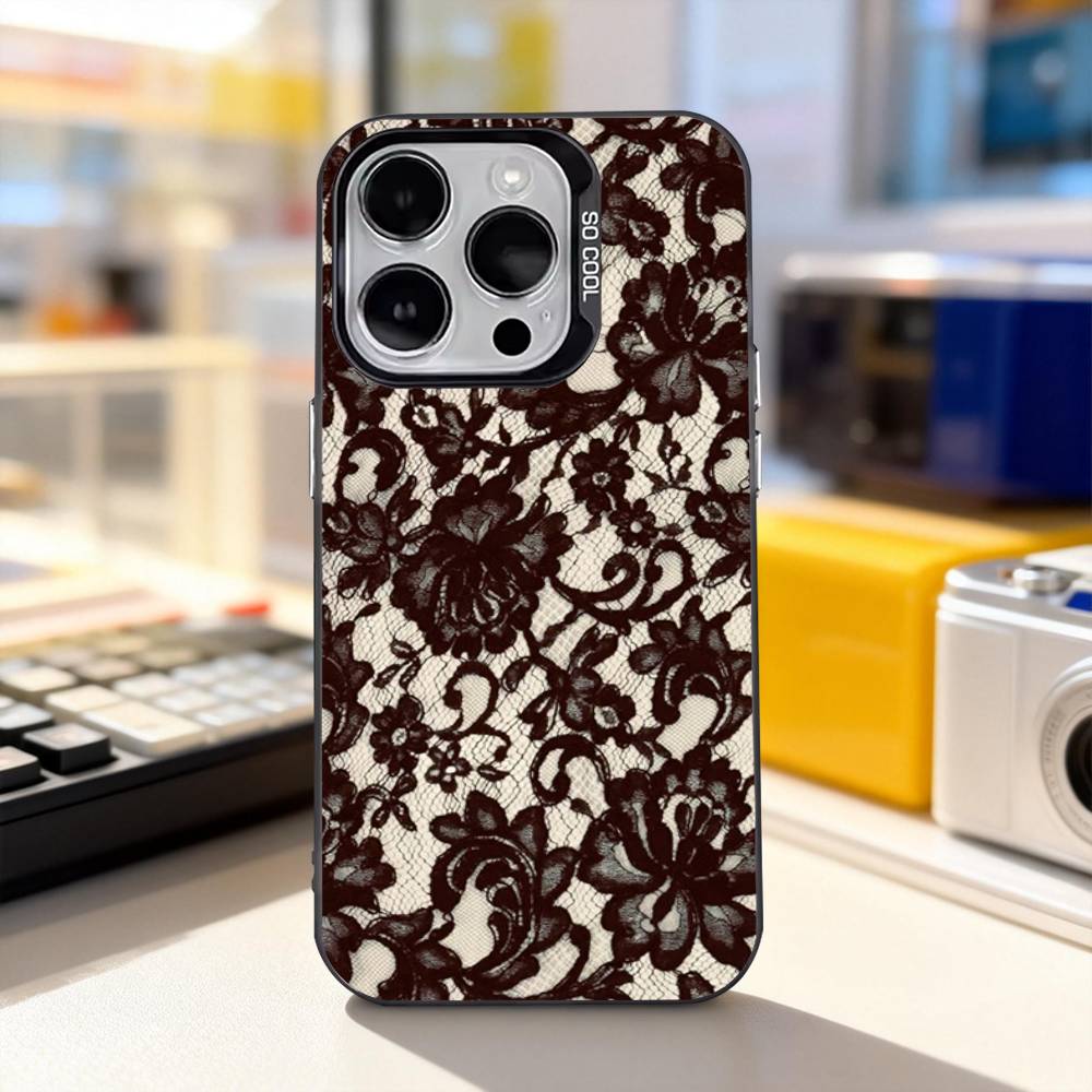 Lace Print Pattern Phone Case For iPhone 17,16,15,14,13,12,11,Pro,XS,Max,Plus,Mini,SE4,E Black Matte Shockproof Cover