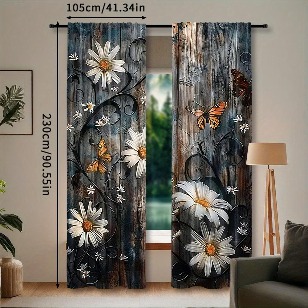 Set of 2   Butterfly Floral Curtains   Decorative Window Drapes with Wooden Door Design   Rod Pocket Style for Bedroom And Living R