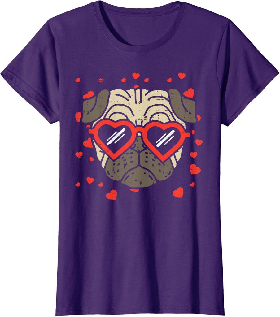 Pug Face Heart Glasses Valentines Day Dog Lover Owner Ladies' Crewneck T-Shirt
