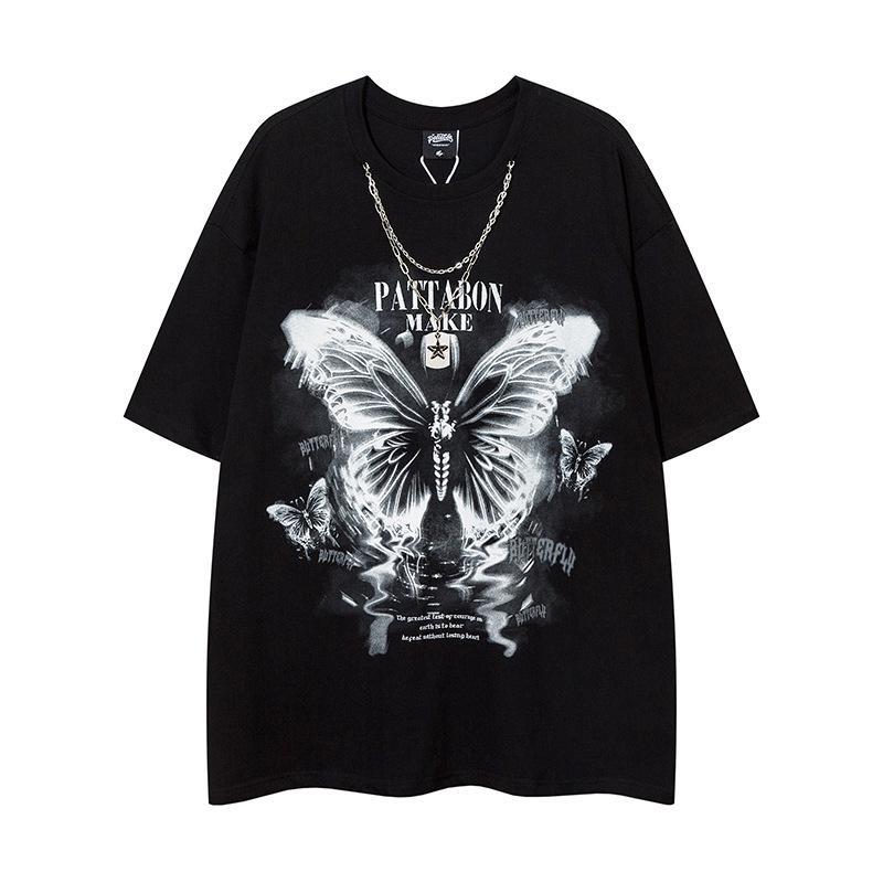 

Мужская футболка оверсайз с коротким рукавом и принтом бабочки в стиле хип-хоп, с дизайном в виде цепочки L чёрный
