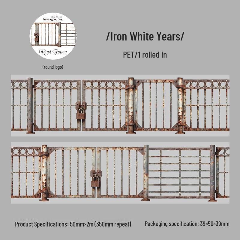 Rusted Fence Series Retro PET Tape - Journal Decoration & Collage, 6 Styles